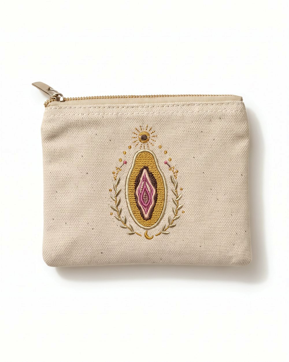 Natural canvas zip pouch with The Papaya embroidered in gold thread