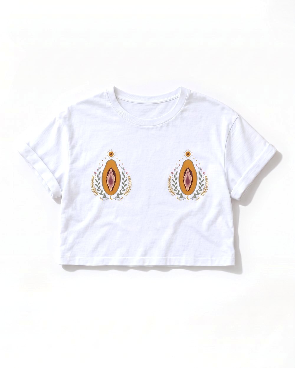 White boxy crop top with two small Papaya prints on the chest