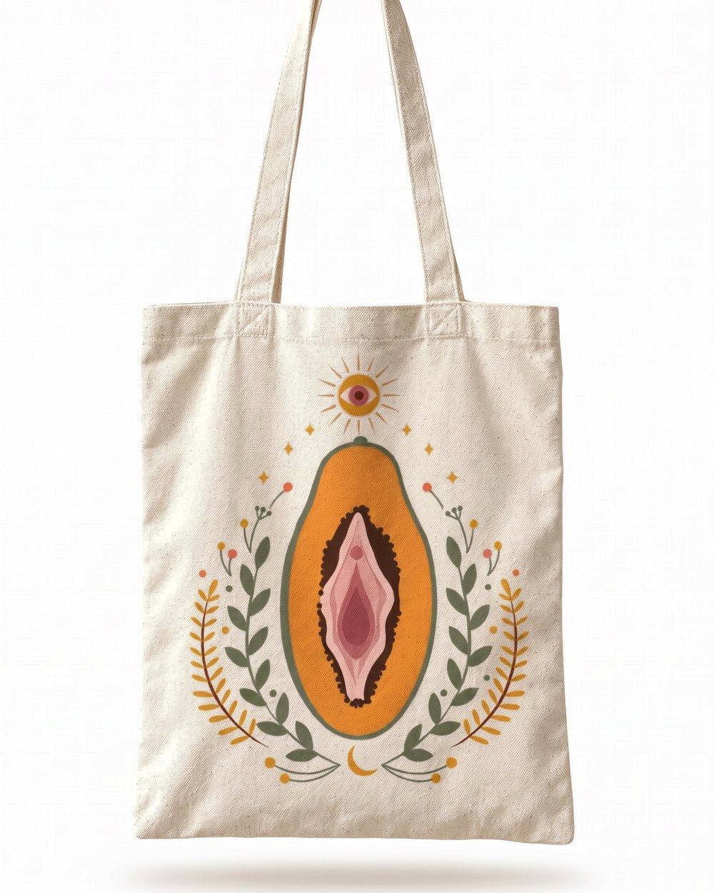 Natural canvas tote bag with The Papaya artwork printed on the front