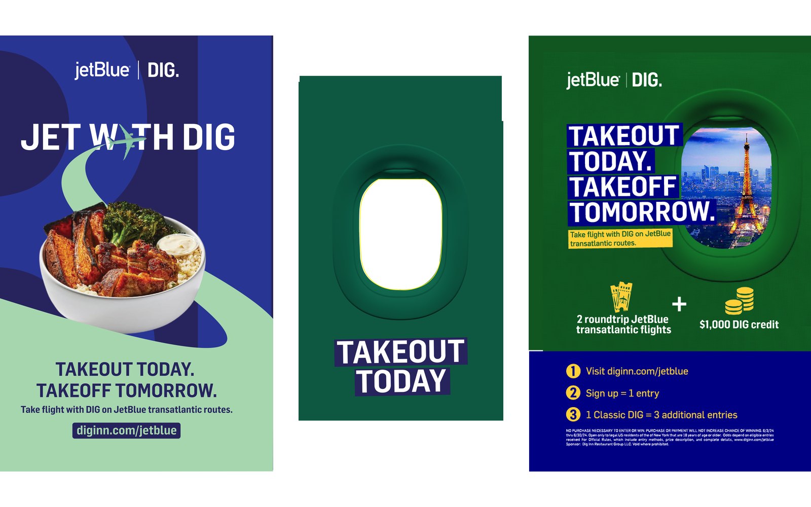 DIG x JetBlue in-store kit: A-frame, window cling and table tent