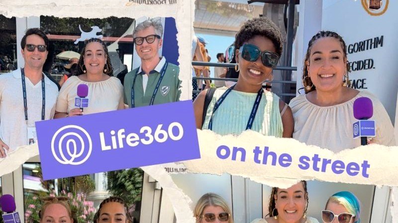 Life360 on the street at Cannes Lions, purple mic in hand